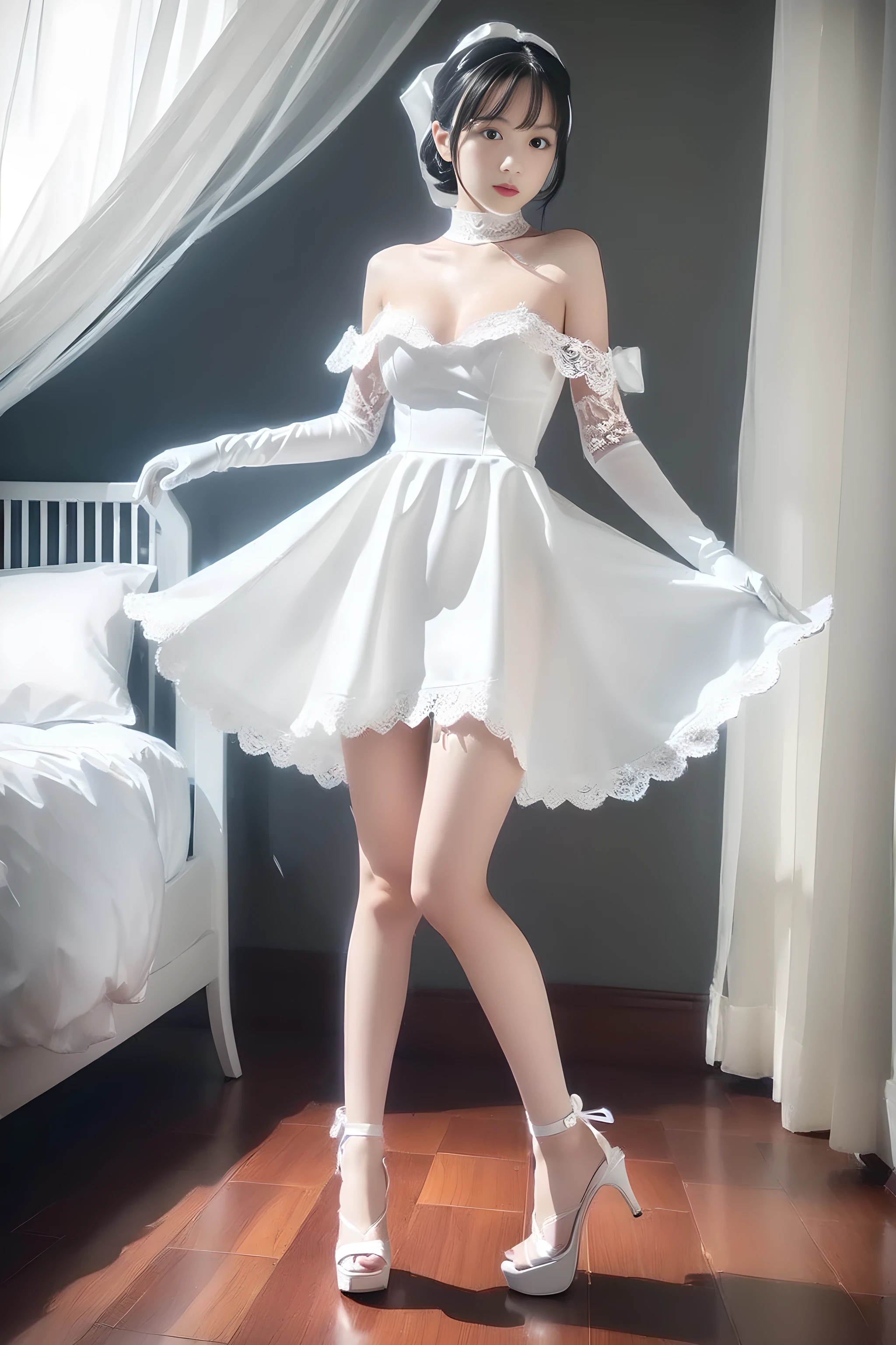 (((Full body portrait:1.5))),((arms behind back)),(pigeon toed),(very cute petite Japanese girls with a baby face),(Short stature),(skinny body),(short limbs),(thin thighs),(Extremely short pure white miniskirt dress),(Girl in a pure white off-shoulder dress),(medium breasts:1.5),(sleepy look),(drunk),(Voyeurism from front),(from below),(look ahead),white hair ribbon,white lace gloves,white stiletto heels,my room,Ultra high definition,Highest quality,high resolution,Extremely detailed depiction,super detailed skin
