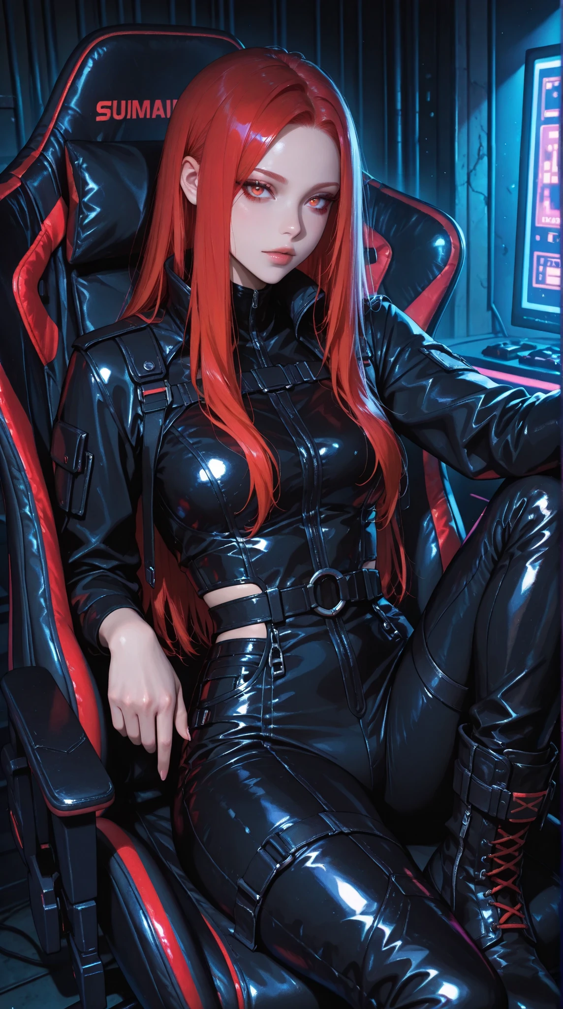 A beautiful anime girl with long crimson hair, sitting in a dark, futuristic gaming chair, wearing a sleek, black leather outfit with buckles and zippers, and high black boots; the image showcases a vibrant cyberpunk aesthetic with cool tones, detailed textures, and intense lighting focused on the figure, ultra-detailed, intricate details,masterpiece, best quality, amazing quality, hyper-detailed, newest, very aesthetic
