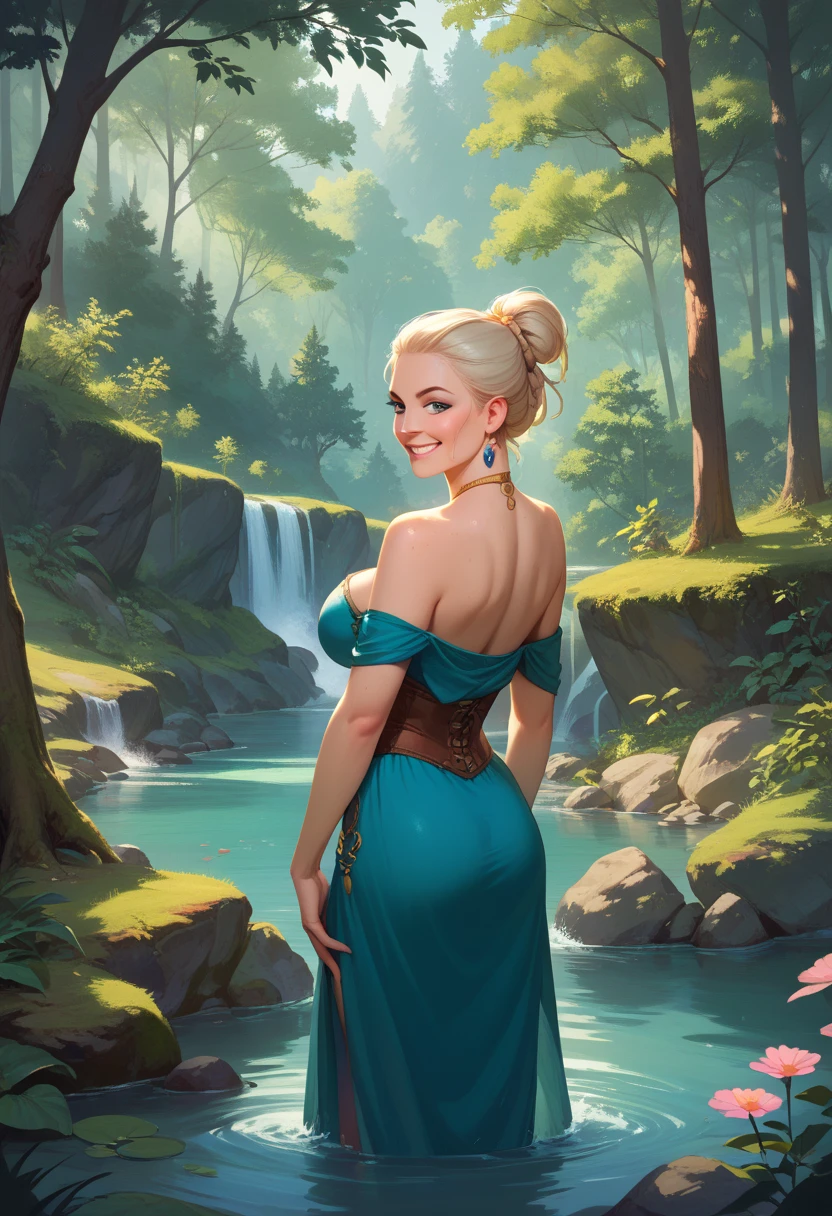 oil painting, evening Pond, beutifull landscape, reflection in a beautiful water nymph wearing a loose tunic, the bottom of which spreads on the surface of the water, detailed, Masterpieces,