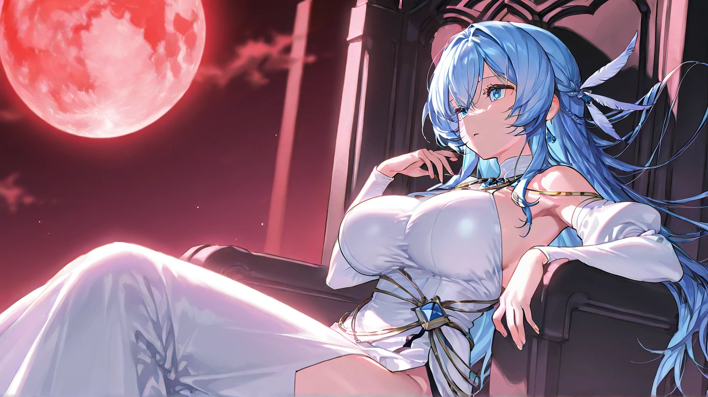 A princess with a delicate and beautiful face, large eyes, and translucent skin is looking up at the moon from a castle, enchantingly dressed in a traditional and glamorous medieval European dress and wearing a large hair ornament. A gentle, warm light surrounds the princess. The background is filled with soft out-of-focus light, and the pale blue and purple tones create a dreamy, serene, and enchanting atmosphere. Fireflies glowing in the moonlit night surround the princess, adding to the magical and ethereal atmosphere. Emphasis on the armpit and clavicle