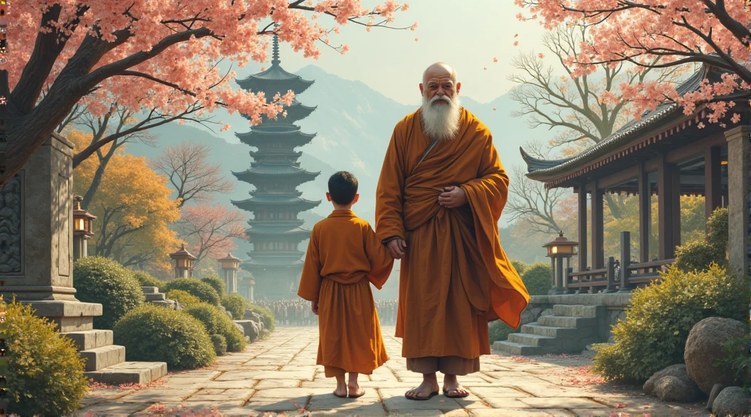 An wisdom full old fat Chinese monk standing at beautiful garden, a monk student approach towards old monk master, flowers, surrounded by temples, beautiful scenario, trees, in anime style,