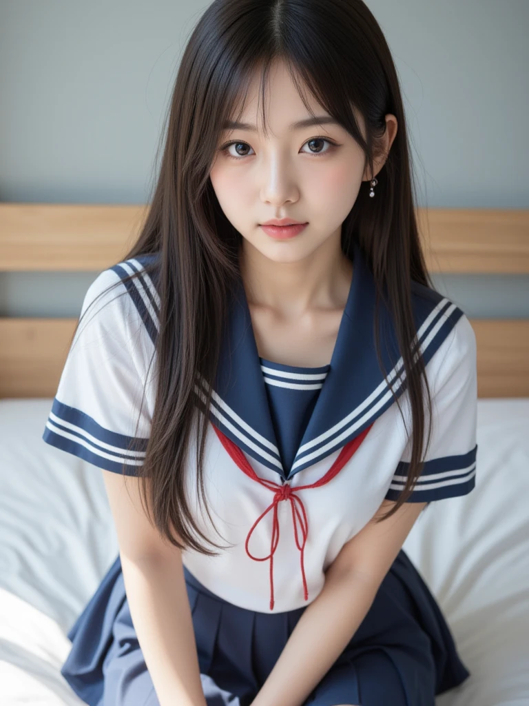 最high quality、high quality、best image quality、8k、最High resolution、High resolution、最high quality、masterpiece、RAW photo、whole body写真、Realistic human body in every detail、Realistic skin in every detail、Realistic face in every detail、Realistic eyes down to the details、Realistic lips in every detail、Realistic teeth in every detail、Realistic ears down to the last detail、Realistic hair down to the last detail、Realistic arms down to the last detail、Realistic reproduction of every detail、Realistic fingers in every detail、(fine hands、thumb1reference4)、Realistic feet in every detail、Realistic feet in every detail、Realistic breasts down to the last detail、((beautiful japanese girl))、(japanese model), (japanese woman)、((18 year old beautiful girl))、(black hair)、(straight hair)、(ponytail)、((whole body))、((Beautiful upward facing breasts))、(Slim and slender、Stylishly slim figure)、(whole body光沢肌、Fair skin)、Detailed and realistic human body、detailed realistic skin、detailed realistic face、detailed realistic arms、detailed realistic fingers、Detailed realistic feet、detailed realistic breasts、soft natural light、sailor suit、school uniform、junior high school、high school、Junior School、japanese school uniform、((クロップトップsailor suit、Mini Sailor Skirt))、((Sitting at a desk in a classroom at school(Pose that makes your thighs look beautiful))