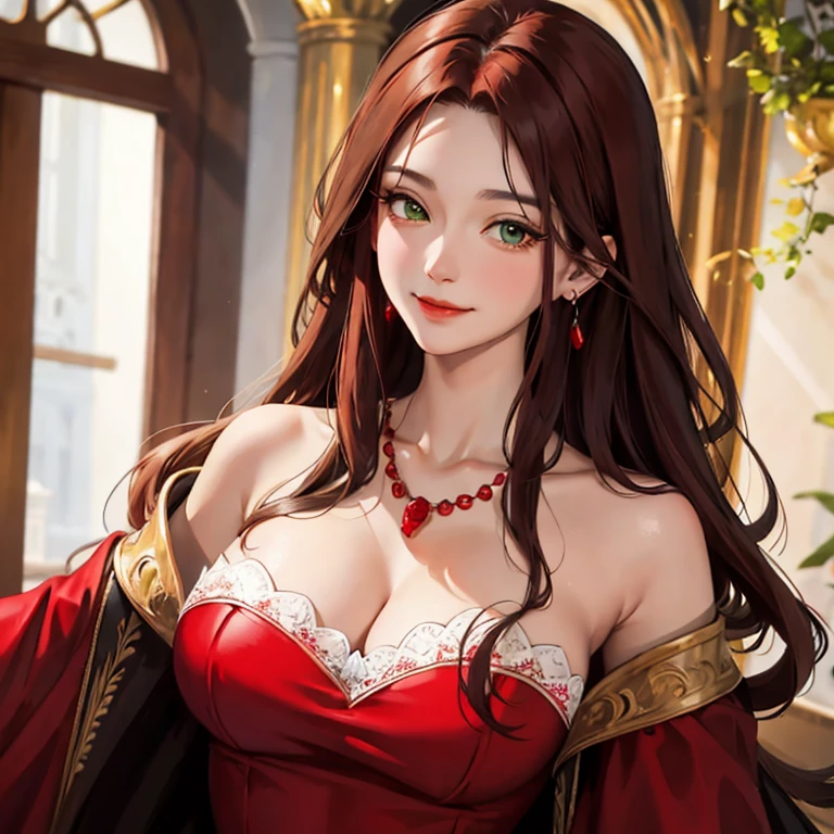 8k,Adult woman with red bushy hair,so beautiful(Like the real thing), strict, elegant, Red Dress, The enchanting aristocrat, silver element, Long nails, Exposing shoulders, Hairstyle, Beautiful expression,blue eyes, Messy, I am proud, Absurd, Elegant dress, Royalty, celebration, Hall decorated with flowers, Cowboy Shot, Portraiture, (Highest quality), (Tabletop), (Very detailed), masterpiece,Highest qualityのフォトリアリスティックなRAW写真。Backlight, Cinema Lighting, Film Grain, to be born, 50mm lens, Nikon D850,Ultra-Realistic Skin,Fantasy art,Character Art,Ultra-high resolution,A muscular and slender macho man,Perfect hands,compensate,Bust shot close-up,Big smile on the lake,Top-down view,Uplifting,Dynamic pose,