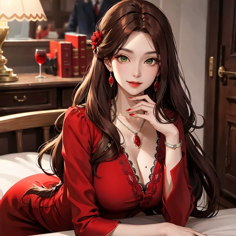 masterpiece, best quality, realistic, one mature female, 25 years old, extremely detailed face, ((brunette eyes)), ((wavy brunette hair), ((medium tits sexy red dress with lingery)), slender, Extremely delicate and elegant face, Sexy and feminine, cinematic lighting, no makeup, Victorian era, ((evil face)) smirk, lust, hot, (whole portrait), (lying on the bed)