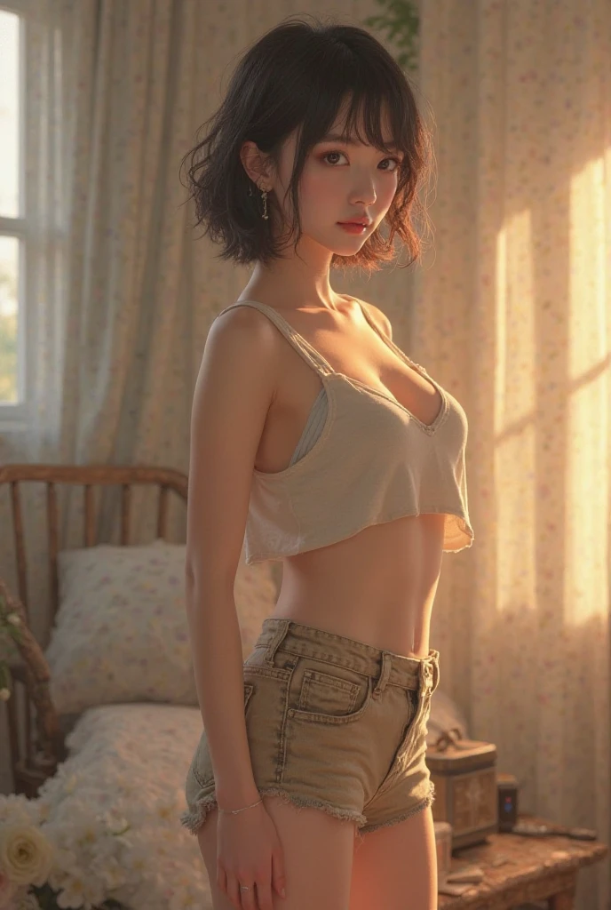 1 hermosa mujer latina, adolecente, cabello moreno, Short, curvy hair, Cara hiperdetallada、Labios gruesos detallados、Un ojo detallado、(pechos enormes:1.2), Blusa rosa de manga corta, ((Falda Oscura Micromini)), escote, bragas en、(muslos muslos muslos), Sit on the sofa in a room、8k, Obra maestra, La mejor calidad, Ultra-detallado, 超A high resolution, profesional photography, Arte Oficial, papel tapiz, hiper realista, fotorrealista, realista, pantimedias de red,