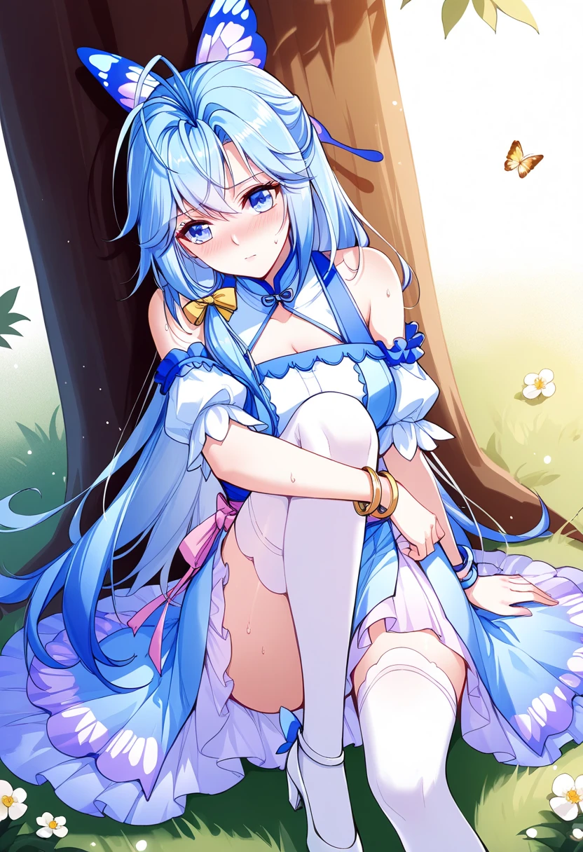 Ranni the witch (blue hair) lifting up her skirt (sheer white gown) and pinching her nipples (small breast) while resting at a site of grace (dark forest background) full face blushing while sweating a lot looking at viewer with horny smile