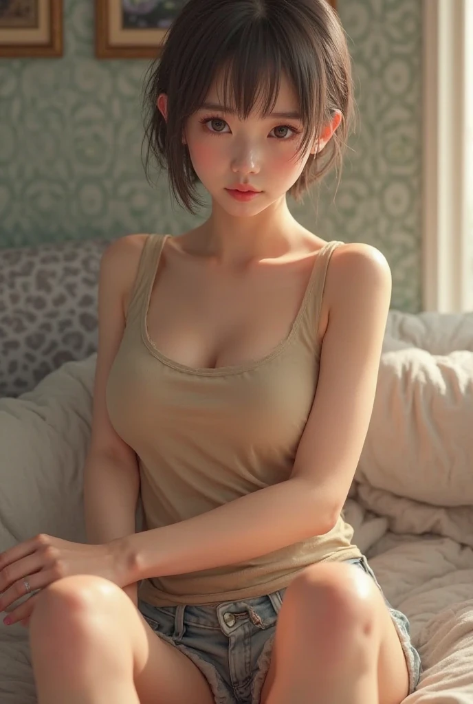 Stylish photo of a man and woman sitting on a bed....., Sakimichan and Frank Franzzeta, Ben Maier and Sakimichan, Exquisite, high-detail, Romantic novel cover, Romantic Shojo, high quality fanart, In Bowater's art style, , 10!!, Double pose, Naked CG visual novel Hot Taboo Sex leeping Man,((woman sitting on it.)), (((woman sitting on man's lap, coitus, explicit, face facing audience))), (((invasion of ))),