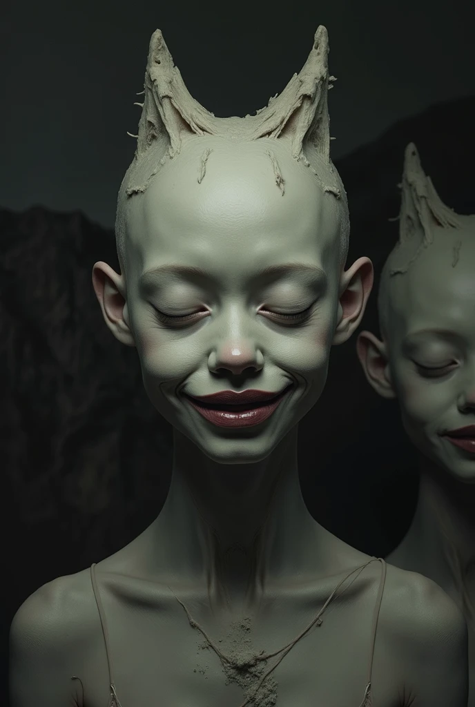 A being with a thin and pale body, with 4 heads, one head and sad, another happy, angry whore, and another scared, This creature has 6 arms, and is 3 meters tall