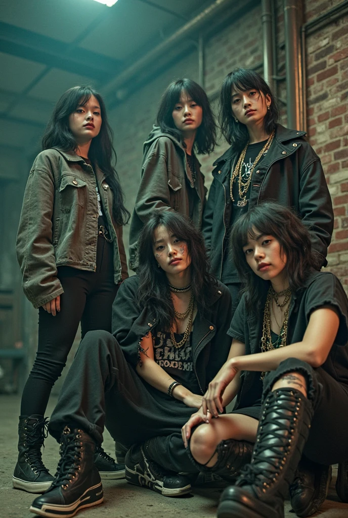 I'm taking photos for a new concept album. Create girl group concept photos with walls full of spray paint , 4 girls band with rock style standing