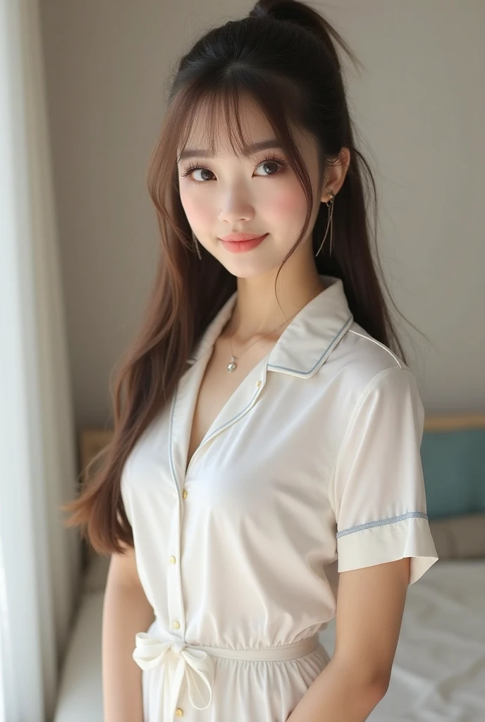 finely detail, hight resolution, hightquality、Perfect dynamic composition, Beautiful detailed eyes, Medium Hair,Natural Color Lip,Kamimei、Shibuya、20 years girl、1 persons、Transparent skin、Glowing hair、masutepiece, Best Quality, Ultra-detailed, finely detail, hight resolution, 8K、The correct state of the human body、Gravure Model Pose,((Smile)),Sunset Bed Background、Ball bokeh、f lare,((Wearing ultra-thin cotton pajamas:1.5,White panty:1.5,)),((sit on a bed))