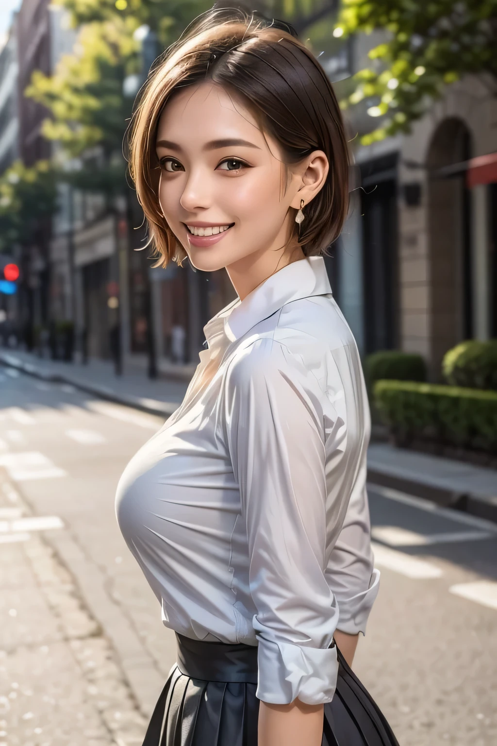 (top quality, masterpiece, formal, Auxiliary Light, backlight), accurate human body, Knowledgeable person, (Shining skin, Realistic skin texture, beautiful skin details, growing skin), (1girl), (Completely:1.2), grin, (shiny collared shirt: 1.2), Shine, (earrings), necklace, charming and perfect ratio, charming smile, fine surface texture, charming, short hair, wear a gray pleated skirt, Big Breasts, ((background: wide street))