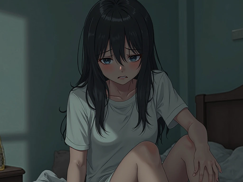 dead girl with short curly white t shirt blue shorts hair laying on bed full body feet detail