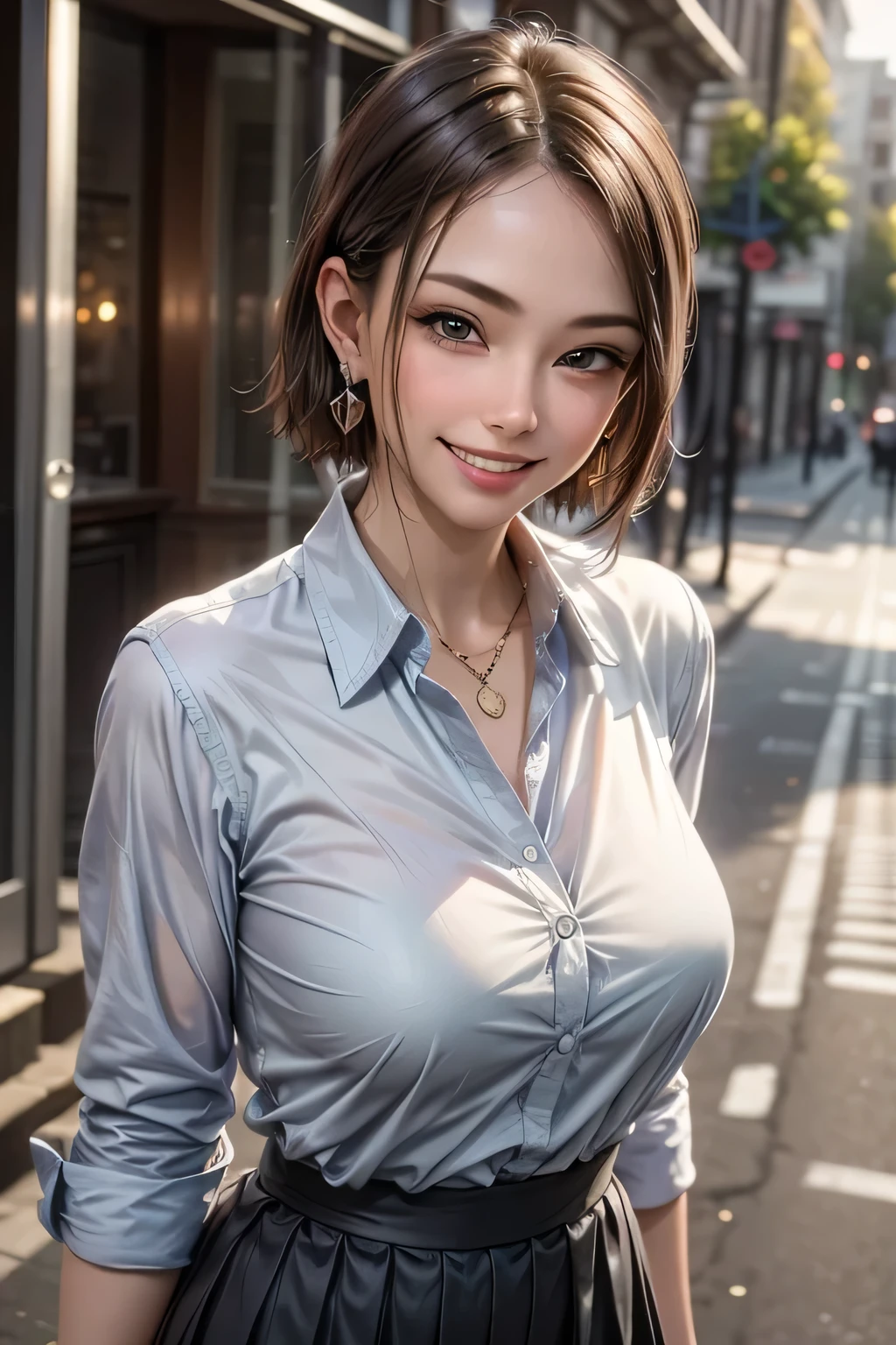 ((Highest quality, 8k, masterpiece: 1.3, Realistic)), sharp: 1.2, Perfect Body Beauty: 1.4, １woman, Beautiful middle age, Highly detailed face and skin texture, Detailed eyes, double eyelid, eyelash, (Beautiful Teeth), Grin, (Big Breasts), (Wet blue Button Long Shirt: 1.1),Tight mini skirt, (rain, street: 1.2), Wet: 1.5, Looking into the camera