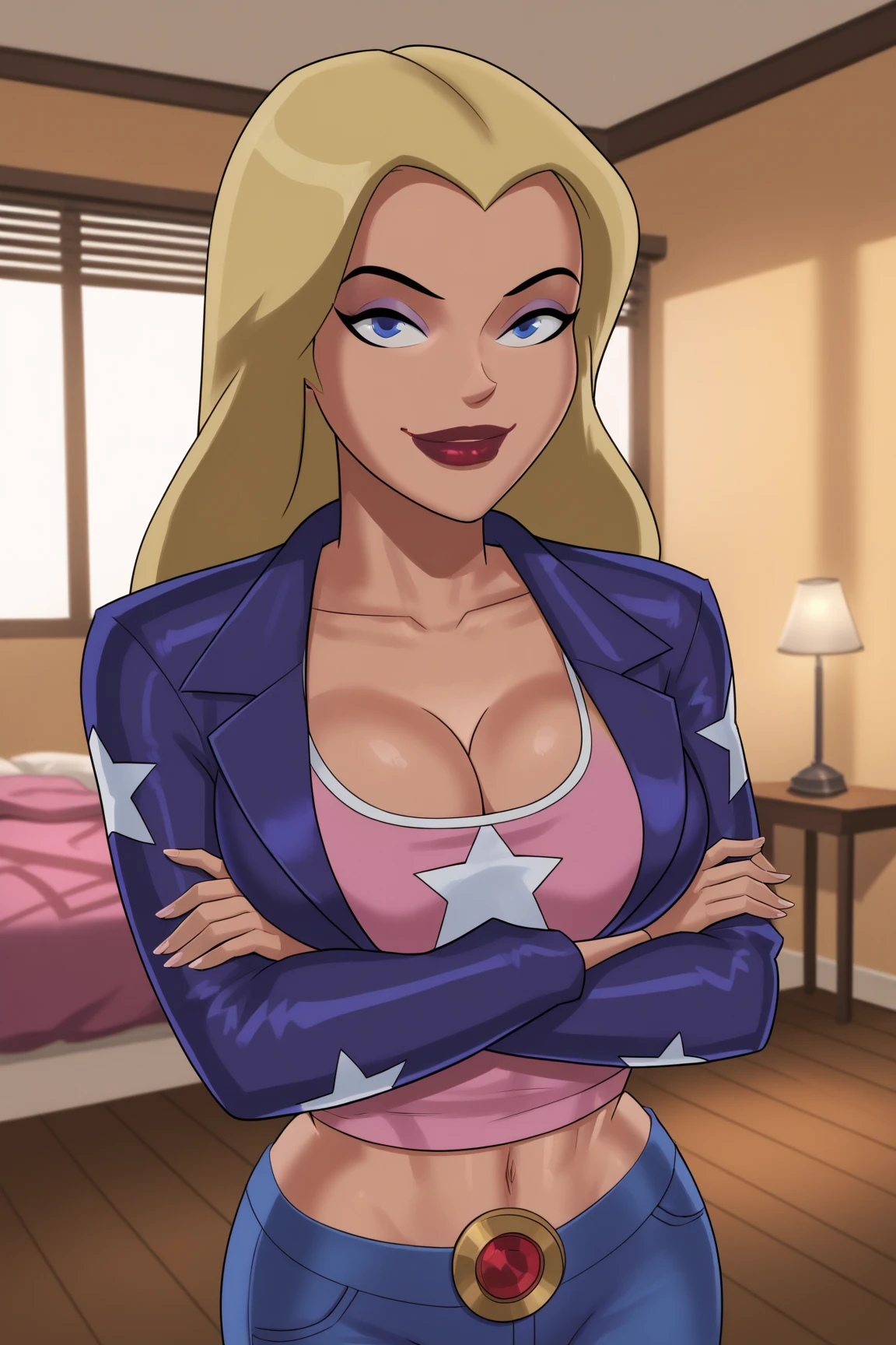 pretty woman, (1girl:1.3),

Cropped Blazer,
Blonde hair,
Dress pants,
rubenesque, pinup,
cowboy shot, standing , in a retro-futuristic setting, 