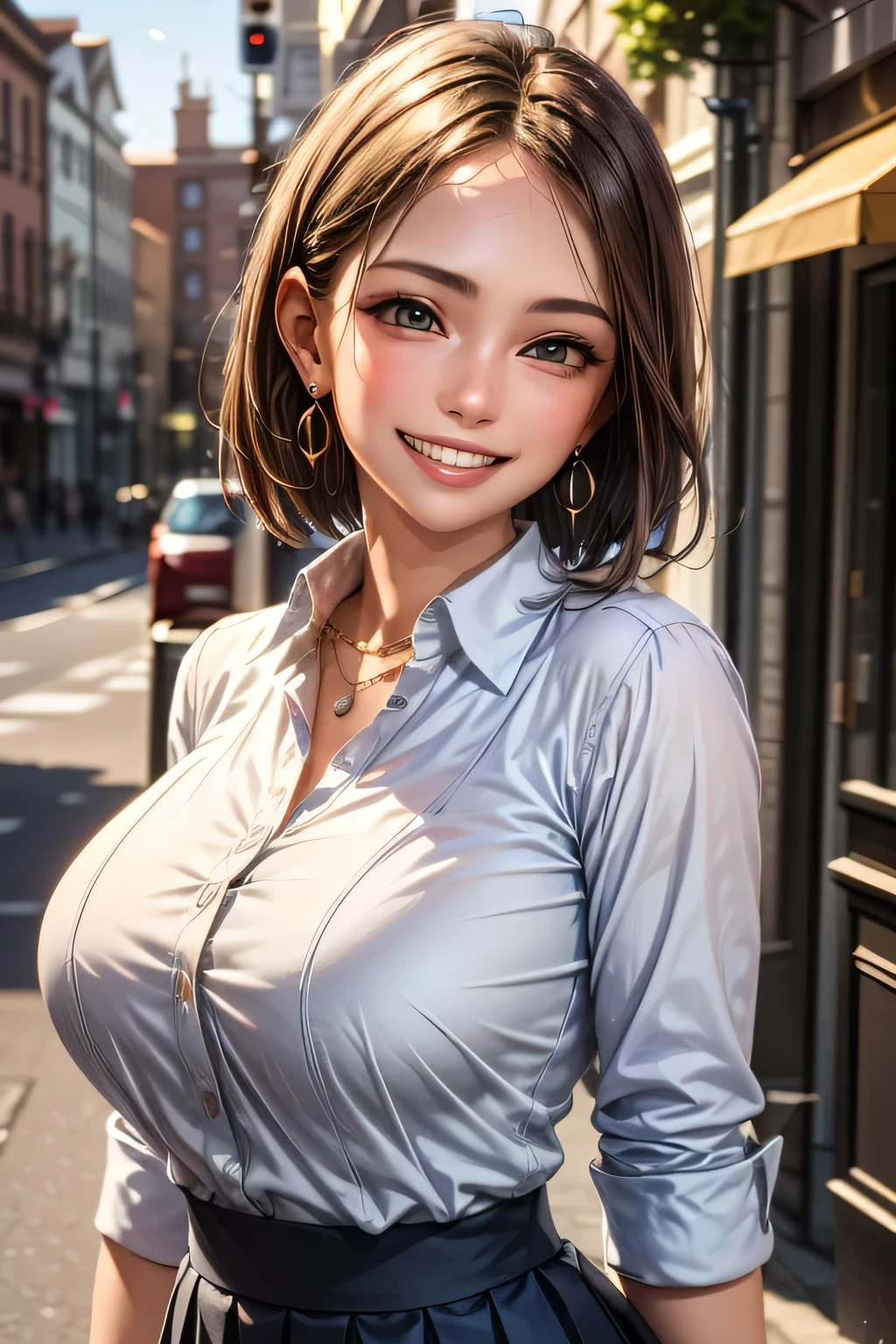 ,incredibly_absurdres,looking_at_viewer,depth of field,ambient_light,intense_shadows,realistic,photo,medium_shot,front_view,1girl_solo,beautiful face,fair_skin,(huge Breasts:1.5),curvy,curly_hair,black_hair,medium_hair,hair_between_eyes,frilled_shirt,frilled_collar,pleated_skirt,light_eyes,smile,standing,hand_on_hip,sfw,see-through,