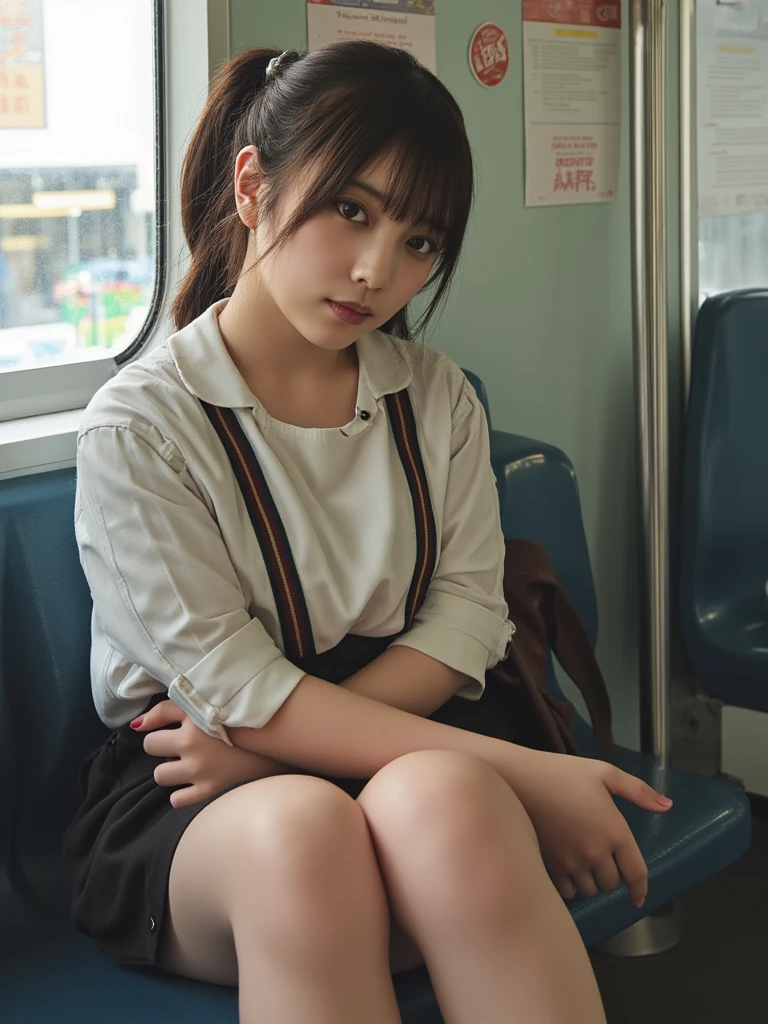 「(masutepiece, High quality, Ultra High Quality, 4K)OL、Emphasis on the thighs、Beautiful skin 1.3、Office Suits:1.2、Sitting on the train at night、smil:1.3、The inside of the skirt is white panties:1.3、((Open your crotch wide:1.5))、Face-to-face angle,(Angle from below),Sitting in a train seat,Sitting at the front,Zoom camera in the crotch:1.3,Feet are on the floor of the train,full body Esbian,Best Quality,(Photorealistic:1.4),, High resolution, detail, Raw photo,