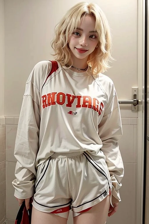 20 year old woman, in sportswear, on the stairs, red hair, white skin.
