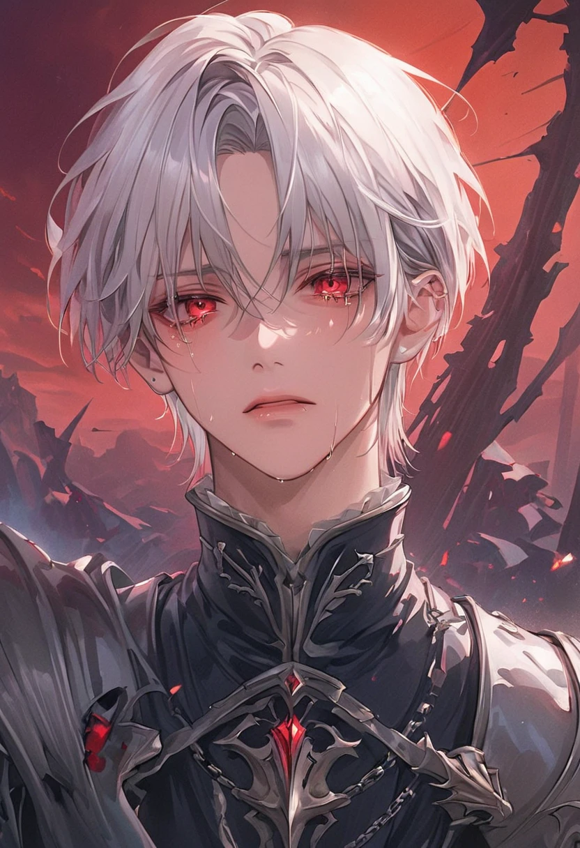 (((Adult man:1.3))),((Silver Hair:1.2)),(Blue Eyes:1.2),((crimson、reddish black、Dark blood:1.5)),(((Horror映画のような暗くどす黒い世界:1.2))),((Face and body covered in blood:1.3)),((Gorgeous silver armor of a hero:1.45)),((Crazy screaming face:1.4)),((Excited face、blush、He is breathing heavily:1.3),((Tears of blood from the eyes:1.1)),(Leaning forward:1.3),((high quality:1.3)),((beautiful image:1.3)),((perfect picture:1.3)),((Horror、Suspense、Mystery:1.2)),Close-up of face,(Camera angle from below))