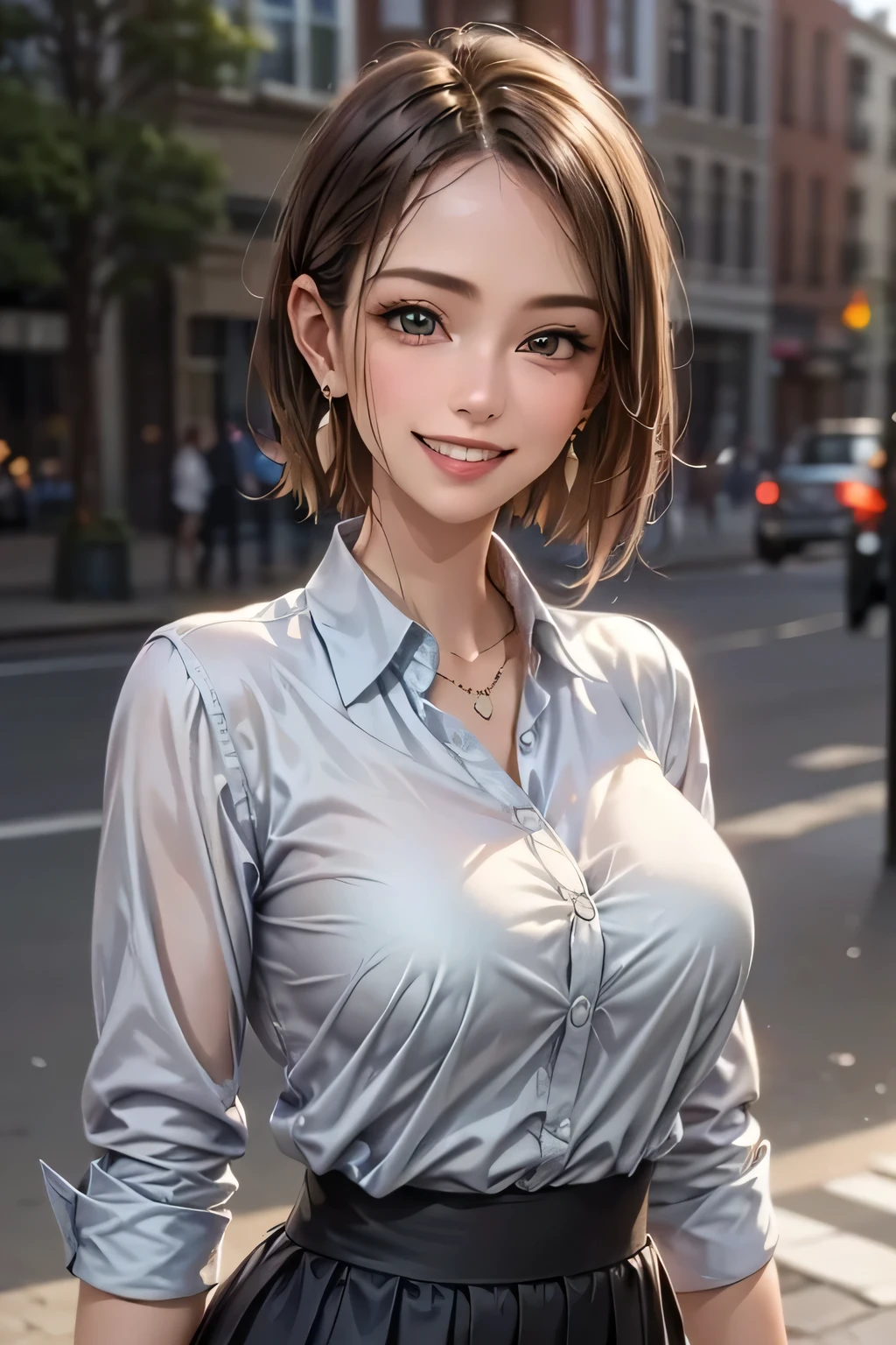 (top quality, masterpiece, formal, Auxiliary Light, backlight), accurate human body, Knowledgeable person, (Shining skin, Realistic skin texture, beautiful skin details, growing skin), (1girl), (Completely:1.2), grin, (shiny collared shirt: 1.2), Shine, (earrings), necklace, charming and perfect ratio, charming smile, fine surface texture, charming, short hair, wear a gray pleated skirt, Big Breasts, ((background: wide street))