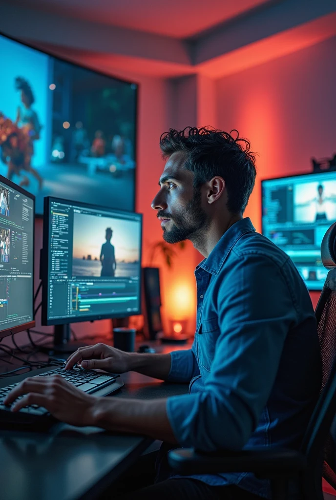 Chocolate color a boy him video editor age between 23.  iron man, his dressing white shirt,his beard medium drummer,his use airpots. His hair style like Hollywood iron man