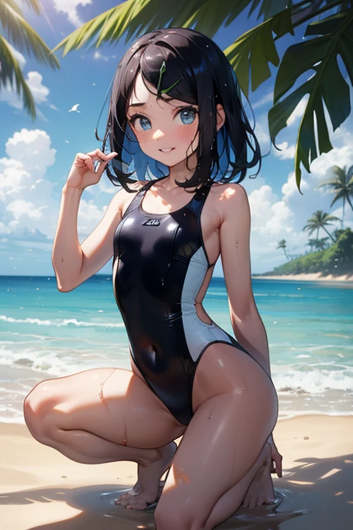 (Superflat, Flat Shading, flat-colors:1.1)、(Magazine Cover)、Illustrations、(one asian boyish girl)、(cute little:1.2)、very beautiful cartoon girl、Great smile、cheeks are reddened、(High Detail Skin: 1.2)、photorealistic anime girl render、realistic anime 3 d style、cute littleボブカット、Beautiful brown hair、Intense black eyes、Strong highlights of the eyes、(A detailed、medium chest)、Perfect Anatomy、hair messy、Old Style School Swimwear、((Torn and tattered school swimsuit))、White School Swimsuit、((Wet with water))、From below、((from the front side))、Showing off school swimsuit、School swimsuit with small area、Angle from your feet、Angle from below、((Angle looking up from below、Crotch show off))、Volumetric lighting、Soft light、Bright、neons、Vibrant colors、watercolor paiting、
