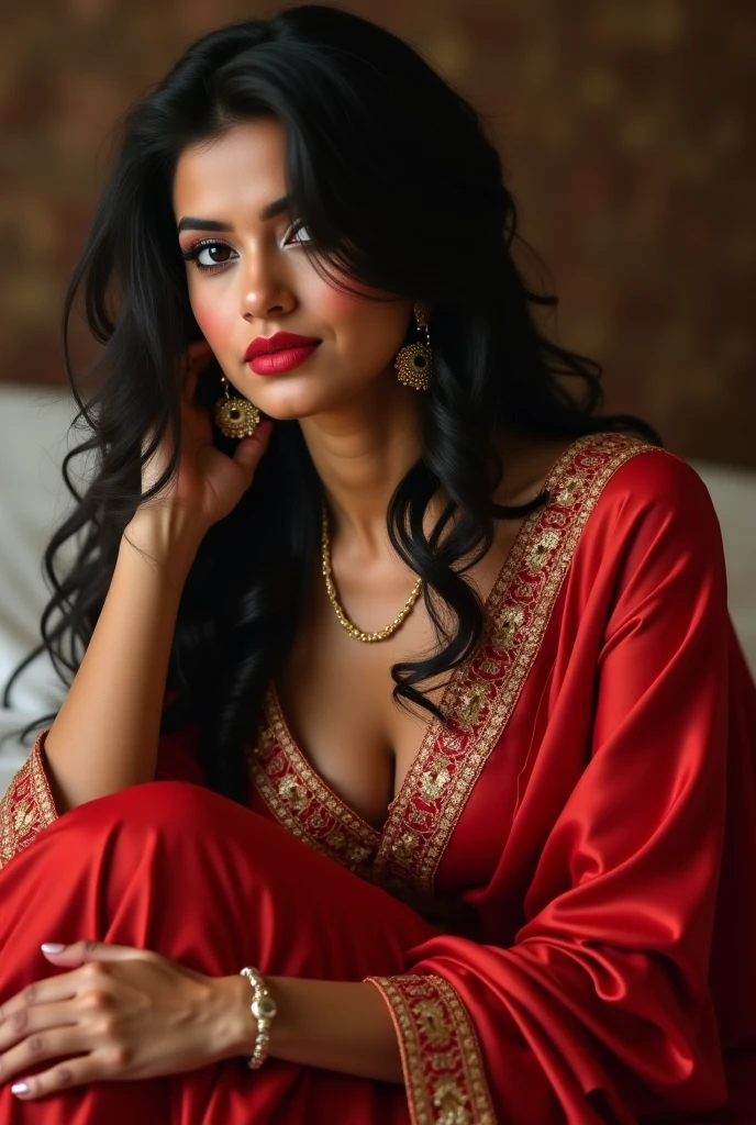 (photorealism:1.2), beautiful woman, sitting on bed, wearing indian kurti, has large breasts.