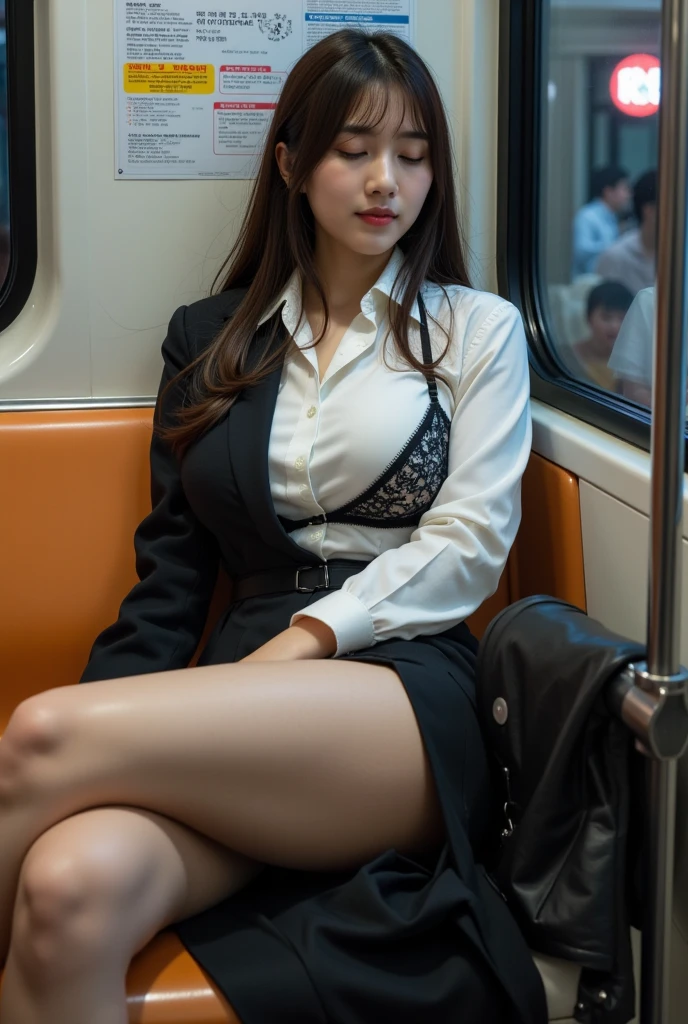 1girl, 18 years old, (8k, RAW photo, best quality, masterpiece: 1.2), (fine facial features, facial details, fine skin texture: 1.2), (mouth slightly open, expression: 1.2), (realistic, photorealistic :1.37), cute, subway car, crowd surrounded: 1.1, professional lighting, cinema lighting, object texture, open long trench coat, stockings, erotic lingerie, bare thighs, physically based rendering, super high resolution, (bare big breasts :1.4）