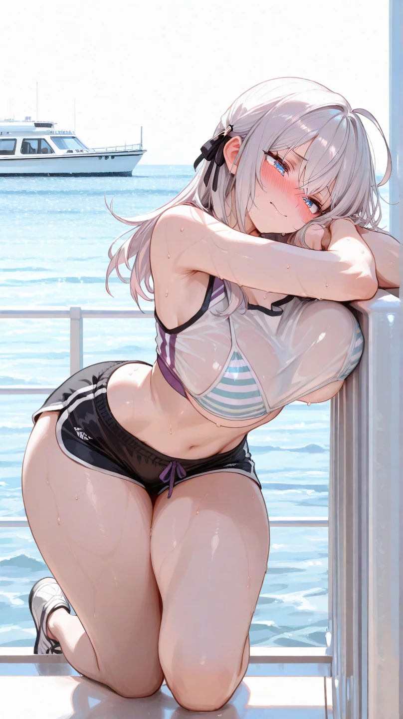 ((Top Quality)), ((Masterpiece)), ((Details)), perfect face, perfect body, sitting on the beach, listening to music, wearing headphones, wearing swimsuit, swimsuit transparent, tight with buttocks and breasts exposed Woman with clothes on and face visible