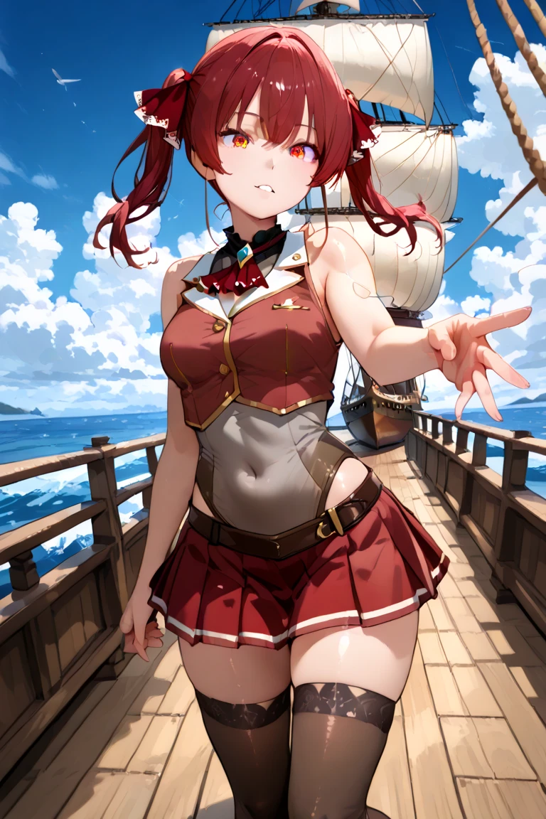 Kousaka honoka, blue eyes, (orange hair:0.7), blunt bangs, drill hair, exposed panties, twintails, crown, black and white stockings, red boots, red capelet, white shirt with sleeves, red skirt, perfect ???????, solo, navel, cleavage,wind, curvy body
