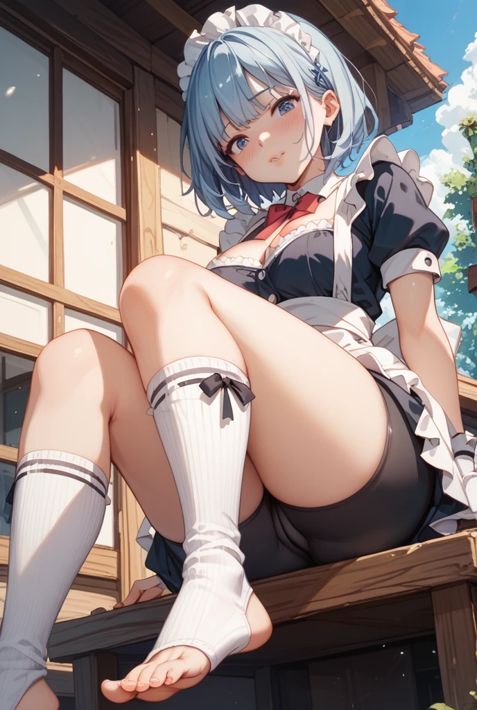 Beautiful soft light, vibrant detail, Anatomical, Exact ratio, Extremely detailed, amazing, finely detail, best quality, high resolution, 1girl, ite, cute, shinny skin, luster skin, delicate body, panty shot, school uniform, white frill panties, black kneesocks, standing, from below from behind