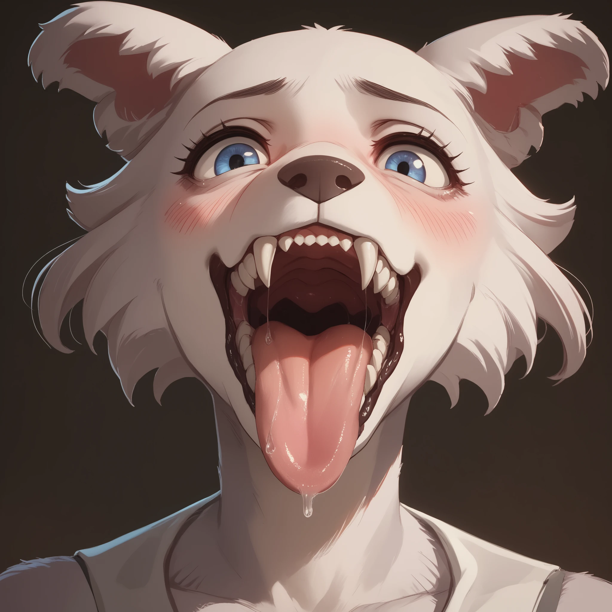 looks at the viewer, close to the viewer, Anthropomorphic wolf girl, white fur , is embarrassed, oral cavity, opened her mouth, teeth, fangs, drool, tongue out, regular,