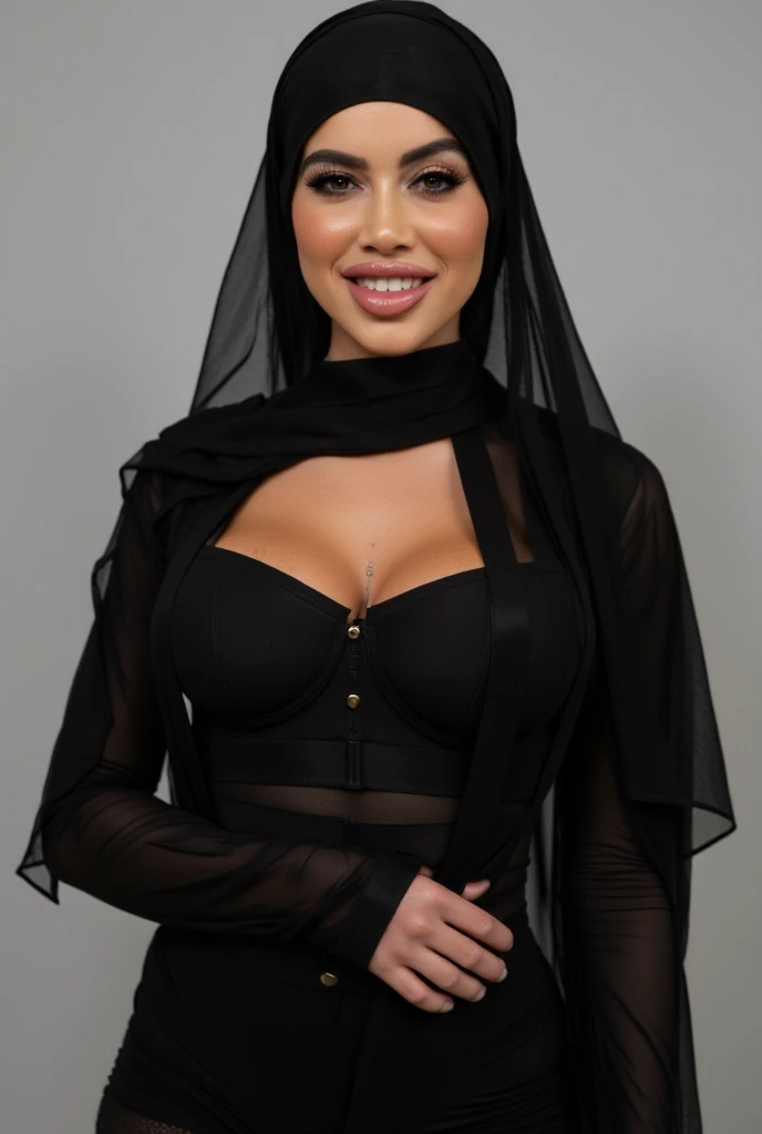 beautiful young Egyptian woman wearing shiny black rubber Hijab, lascivious smirk, busty, detailed textures, sharp focus, ultra-high pixel detail, 16k RAW footage, masterpiece