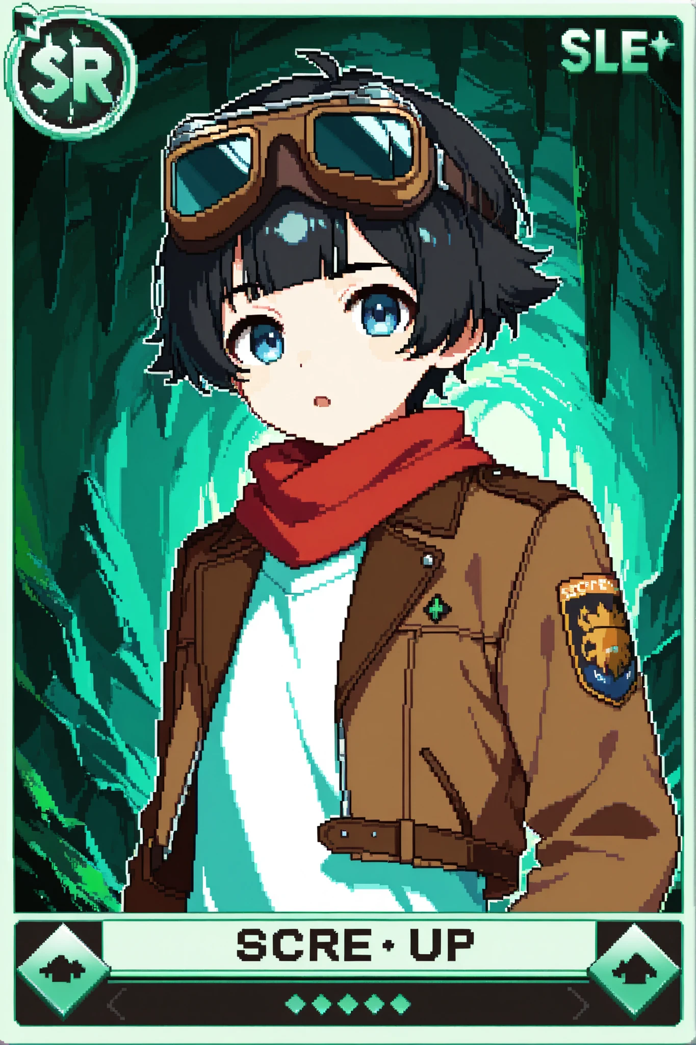 score_9, score_8_up, score_7_up, source_anime, 1boy, solo, pixel art, playingcard, elite rank icon, E, trading card, card_(medium), RPG stats, aviator, young boy BREAK
Black hair, short hair, hair flaps, blunt bangs, blue eyes BREAK
Aviator_goggles_on_head, open jacket, brown jacket, white shirt, red scarf, brown gloves BREAK
Looking at side, looking at viewer, curiuos face, open mouth, upper body, portrait, cave Interior, (green cave), daytime, ,