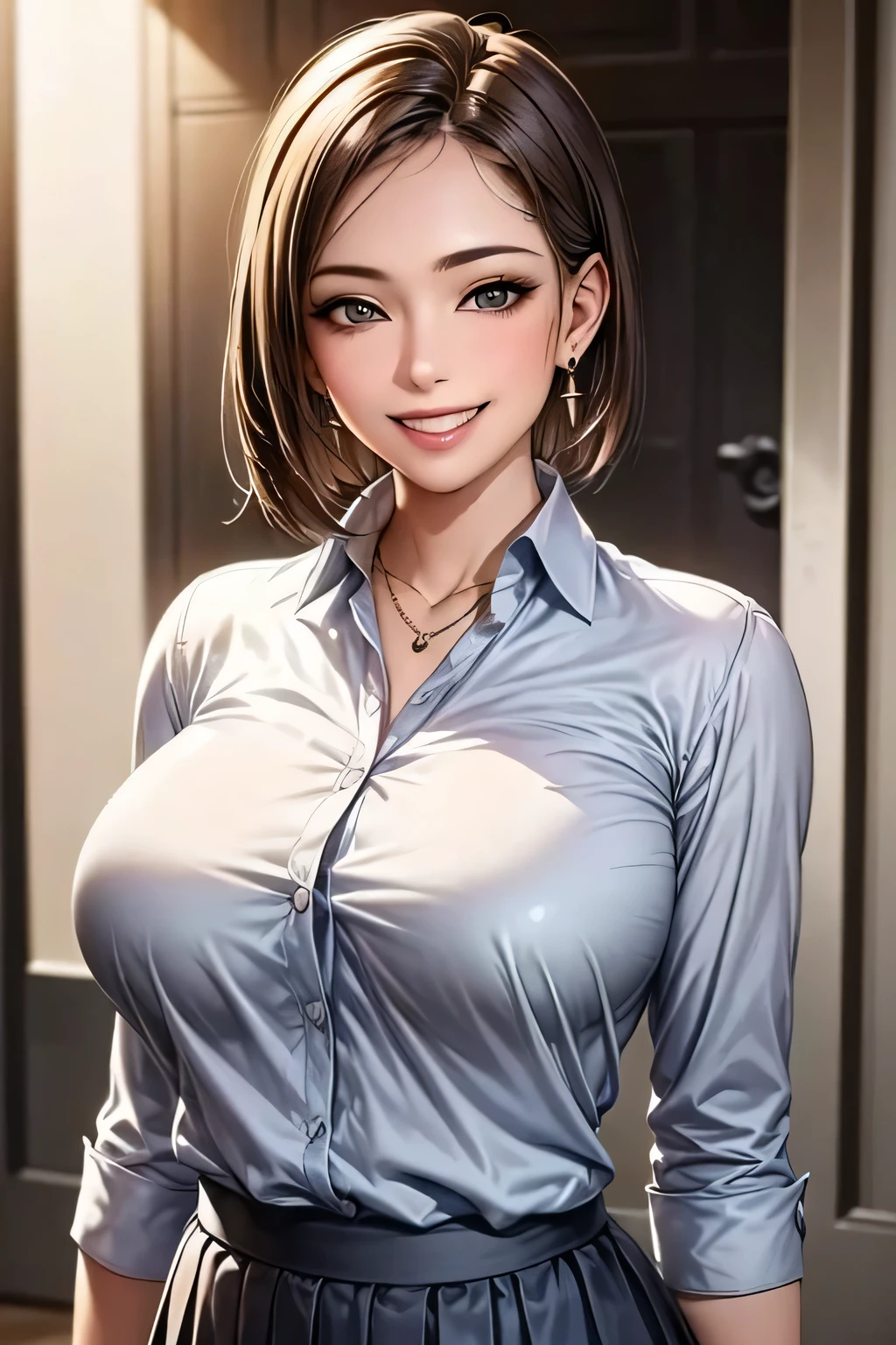(top quality, masterpiece, formal, Auxiliary Light, backlight), accurate human body, Knowledgeable person, (Shining skin, Realistic skin texture, beautiful skin details, growing skin), (1girl), (Completely:1.2), grin, (shiny collared shirt: 1.2), Shine, (earrings), necklace,  charming and perfect ratio,  charming smile, fine surface texture, charming, short hair, wear a gray pleated skirt, Big Breasts, ((background: wide street))