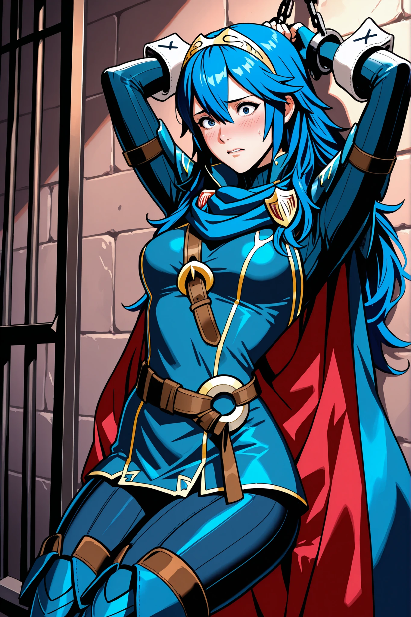 lucina from fire emblem, blue hair,masterpiece, best quality, solo, 1girl, large breast, wide hips, thicc thight,long hair, tiara, cape, shoulder armor, blue tunic, long sleeves, cuffs, blue scarf, fingerless gloves, belt, pants, looking at viewer, furrowed brow, blush,scared, panicked, fear, in dangeon, prison cell, wall, messy prison, hands behind head, tied up, squating, legs tied, head down,ass up, arms tied, arms chained, steel chains, shoot from view, , she glaze on her pain, looking for help