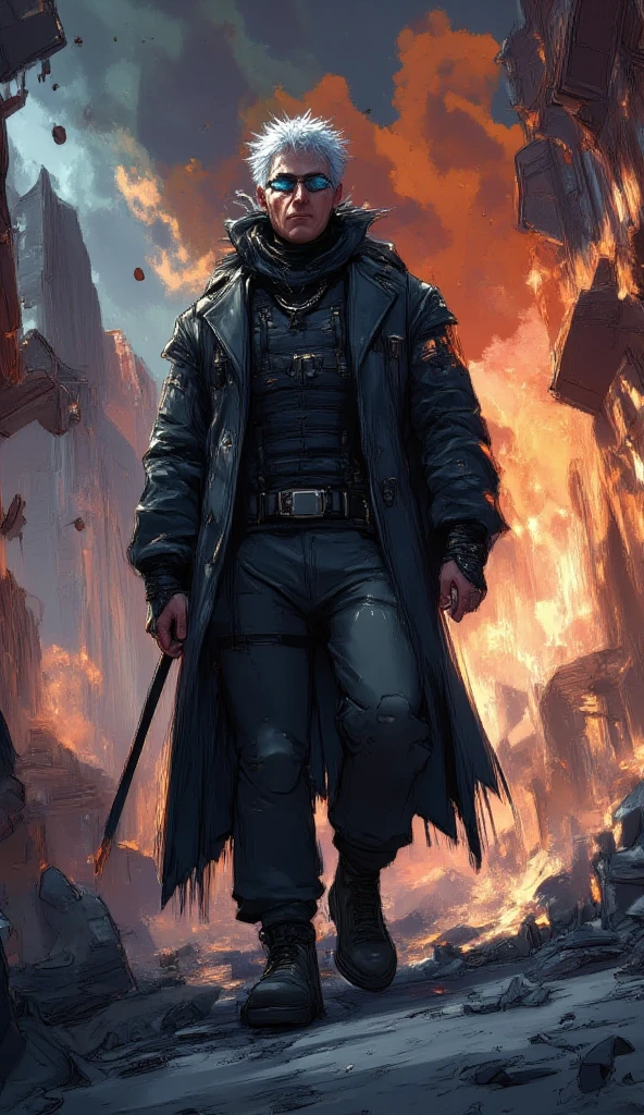 Here’s your **ultra-realistic, cinematic prompt** for **Satoru Gojo** in a **low-angle shot**, walking through a destroyed city—designed for **hyper-detailed, photorealistic AI generation**:  

---  
### **Prompt:**  
**"Ultra-realistic cinematic low-angle shot of Satoru Gojo from *Jujutsu Kaisen*, walking through the ruins of a decimated metropolis. His face is flawlessly sculpted—high cheekbones, a sharp jawline, and smooth, pale skin with a faint cool undertone. His spiky white hair defies gravity, strands catching the golden light of distant fires. His signature black blindfold wraps snugly around his eyes, the matte fabric slightly creased where it presses against his temples. Beneath it, a faint glow of his piercing blue *Limitless* eyes bleeds through the edges.  

He wears the **black Jujutsu High uniform**—tailored jacket open to reveal a fitted black undershirt, the fabric wrinkled from battle but still sleek. His tall, lean-muscular frame exudes effortless dominance, shoulders relaxed, one hand casually tucked in his pocket. The low-angle perspective emphasizes his towering presence, the camera tilted up to frame him against a hellish skyline of collapsed skyscrapers and swirling ash.  

The ground is littered with shattered concrete and twisted metal, smoke curling around his boots as he steps forward. The lighting is dramatic—**volumetric god rays** pierce through the debris, casting long shadows and illuminating dust motes in the air. The sky is a bruised mix of deep oranges and purples, with embers drifting like fireflies.  

**Photorealistic, 8K, Unreal Engine 5 detail.** Skin pores, fabric textures, and environmental destruction are hyper-defined. Style: A fusion of *Greg Rutkowski’s* lighting and *Artgerm’s* facial precision, with a cinematic *Denis Villeneuve* color grade."**  

---  

### **Key Enhancements for Realism:**  
1. **Low-Angle Dynamics:**  
   - Camera positioned **below waist level**, making Gojo loom over the viewer.  
   - **Distor