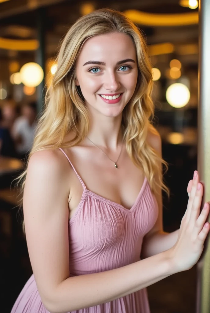 blond hair, RAW photo, full portrait photo of beautiful 26 y.o woman, cute face, wearing red dress, happy face, hard shadows, cinematic shot, dramatic lighting, in a coffee shop, 8k, super detail, accurate, best quality. 
