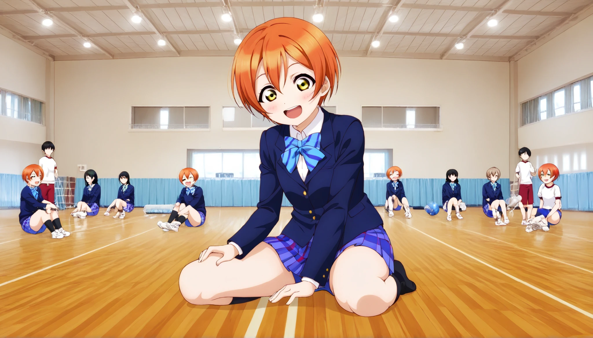 1girl,hoshizora rin, striped, short hair, blush, otonokizaka school uniform, open mouth, smile, lovelive_rin black blazer, blue plaid skirt, blue stripe bowtie, orange hair, very short hair, hair between eyes, yellow green eyes,sitting on the floor grasping one's knees (as in a gym class),score_9, score_8_up, score_7_up, rating_safe, masterpiece, best quality, absurdres, unity 8k wallpaper, official art, official style, source_anime, uncensored, game cg, megami magazine,taiikukan, indoors, sportswear, multiple girls, indoors, photo background, shorts, 6+girls, ceiling light, black hair, ceiling, stage, wooden floor, gym uniform, sportswear,Gymn4s3,