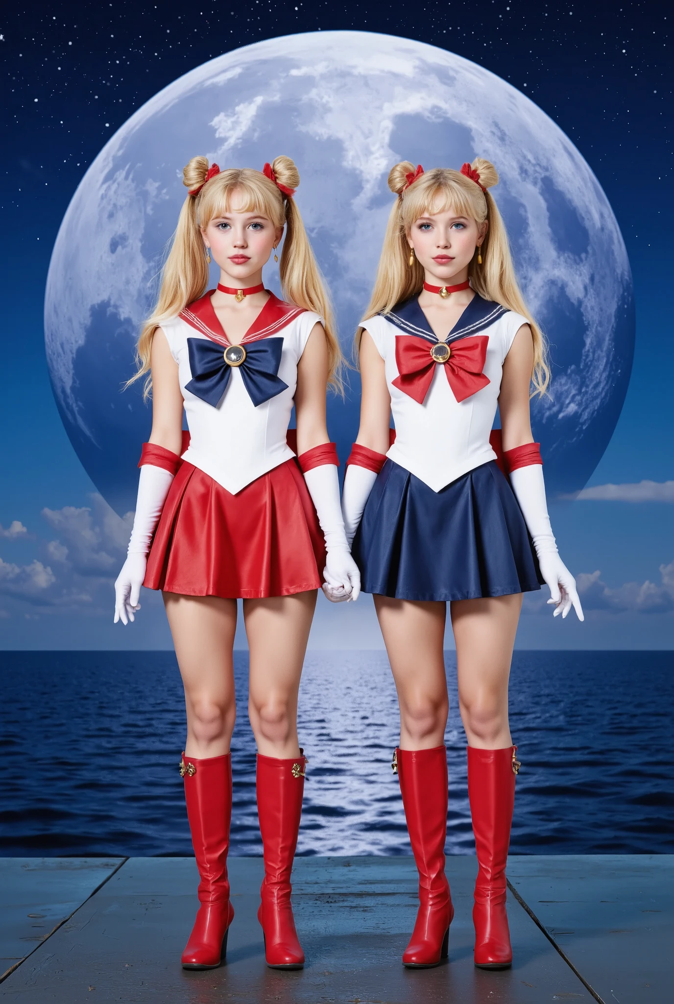 Create a hyper-realistic photograph of beautiful, fair-skinned twin girls. They have very long, straight blonde hair styled in two buns and twin tails. Both are wearing Sailormoon costumes and standing in a symmetrical pose, resembling small versions of Sailormoon. The background features a large moon filling the screen, set against a nighttime ocean.