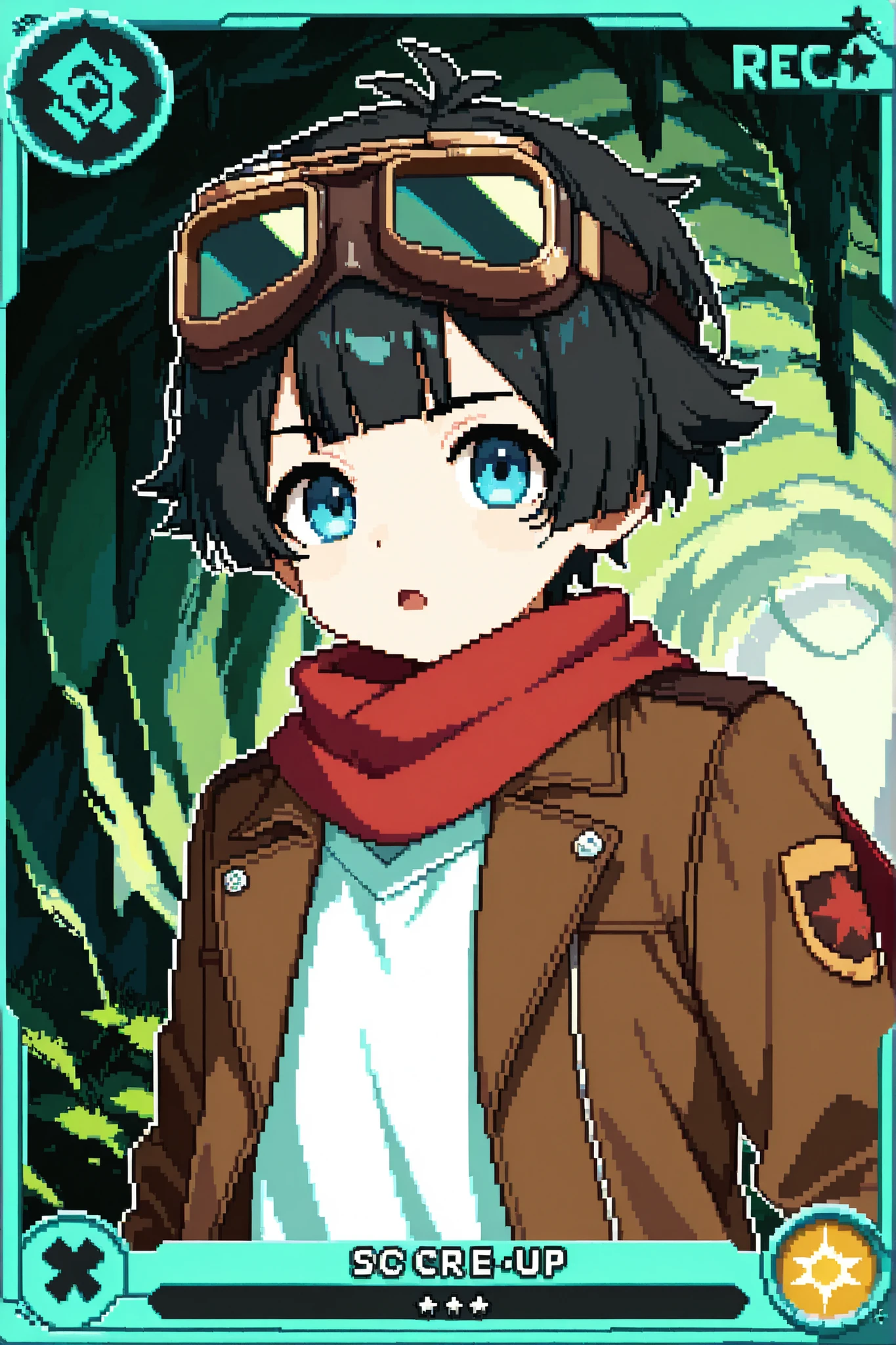 score_9, score_8_up, score_7_up, source_anime, 1boy, solo, pixel art, playingcard, elite rank icon, E, trading card, card_(medium), RPG stats, aviator, young boy BREAK
Black hair, short hair, hair flaps, blunt bangs, blue eyes BREAK
Aviator_goggles_on_head, open jacket, brown jacket, white shirt, red scarf, brown gloves BREAK
Looking at side, looking at viewer, curiuos face, open mouth, upper body, portrait, cave Interior, (green cave), daytime, ,