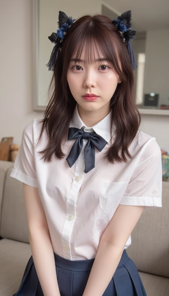Korean 、summer  shirt、Tight shirt、Ribbon Ties、skirt by the、schools、stairs at school、chest lifting pose、Emphasis on the chest、Slender and large、8K raw photos、A high resolution、18-year-old Korean、embarrassing looking、very large round breasts、Beautiful eyes finely detailed、long eyelasher、beautiful double eyelid、eye shadows、eyeline、slender eyes、Elongated eye shape、Sanpaku eyes、beautiful and thin legs、Beautiful slender thighs、Random Shorthair、Tie your hair behind your head、耳Nipple Ring、Light brown hair、(Wear pantyhose)、Hold your knees，short hair,  fishnet stocking 
