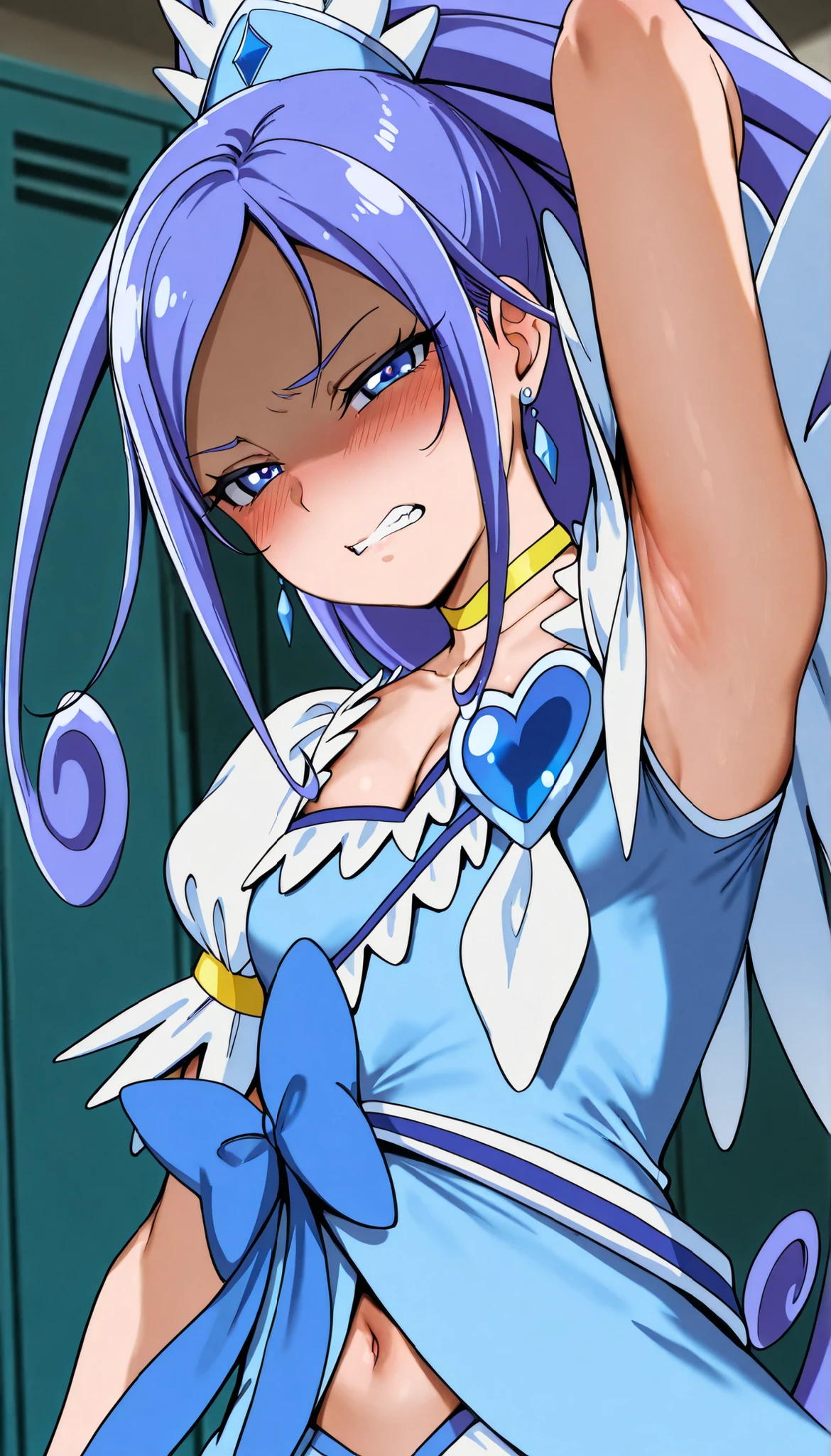 3D, cure diamond,
capelet, gem, blue dress, yellow bracelet, blur ribbon, earrings, cleavage, navel,
Alp,
shaded face, ,blush, (narrowed eyes:1.4),\(troubled eyeblows:1.5\), disdaining , (clenched teeth), look down at viewer, masterpiece,absurderes, beautiful detailed face,,looking at viewer, glare at viewer,
from side,show armpit from short sleeves,face closeup,
indoor, locker room