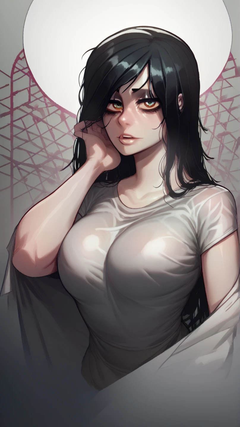 ((masterpiece)), (best quality), (absurdists), black hair, yamamura_sadako, white dress, (grey skin), hair over eyes, eyes covered, looking at the viewer very sexual in the dark forest super realistic and well detailed