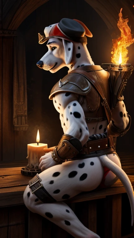foal, Baby , small, , Male, holding, is sitting, weapon, shoulder pads, Path, belt, Male focus,Background to the war, colored leather, fire, candle, Without clothing , completely naked., testicles between legs