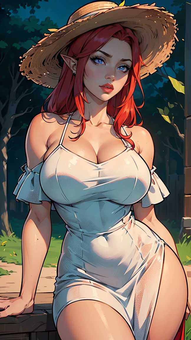 8k, RAW photo, best quality, extremely delicate and beautiful, highres, original,masterpiece:1.2,1girl,mature female,cleavage,marble floor, (transparent dress:1.5),(((see through))),(((chest tattoo))),(red_hair:1.2),fluorescent hair, bangs, long_hair, earrings, jewelry, hair_between_eyes, closed_mouth, purple_eyes,(((clothing cutout))),(((wet clothing))),(((wet body))),(((Thigh tattoo))),(big breasts), textured skin,cowboy shot,(((High slit dress))), ((leg tattoo)), ((groin)), sleeveless,(wet skin:1.2),Hot, (sweaty body:1.2), swimming pool,