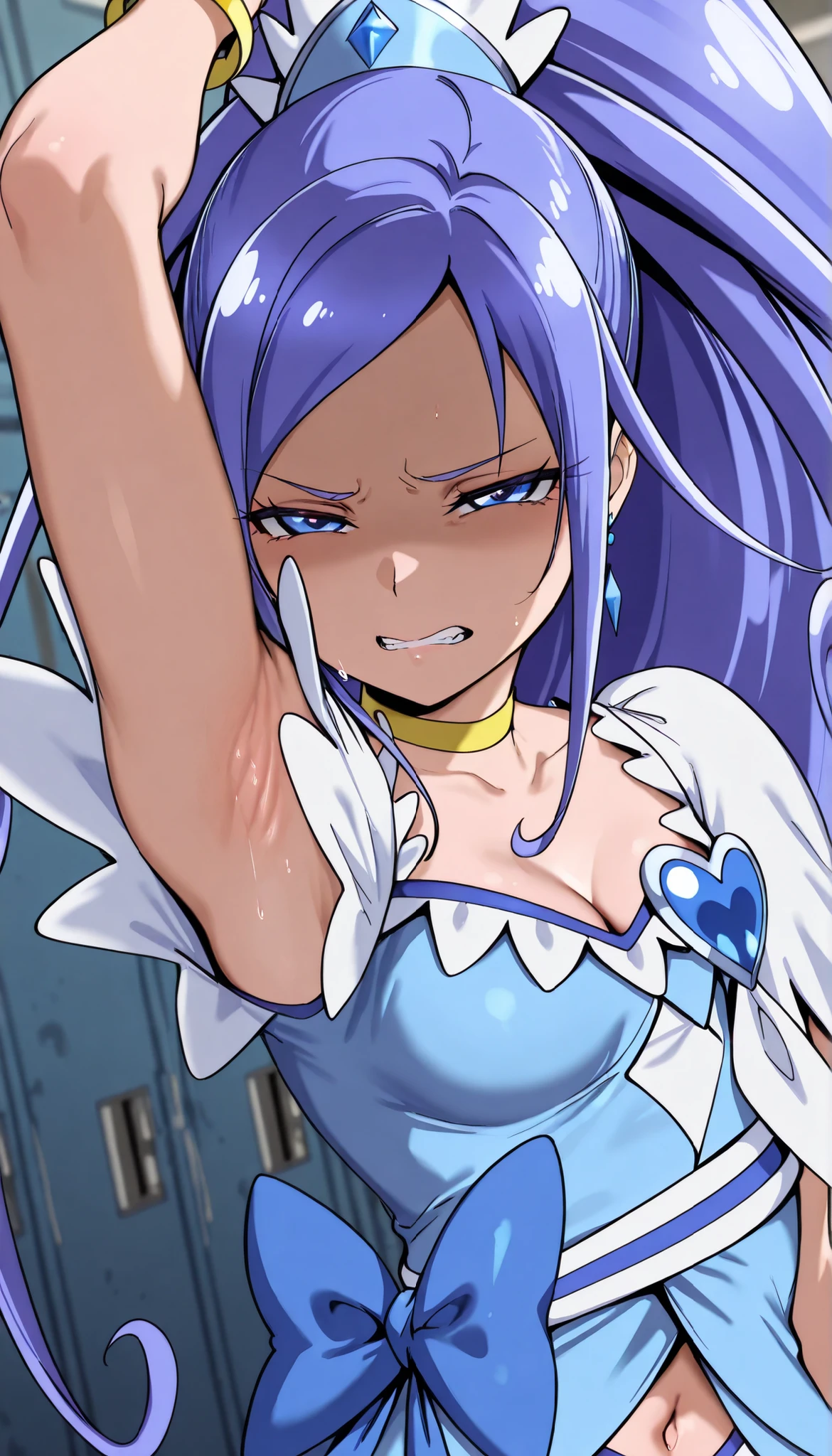 3D, cure diamond,
capelet, gem, blue dress, yellow bracelet, blur ribbon, earrings, cleavage, navel,
Alp,
shaded face, ,(disgistied face:1.2), (narrowed eyes:1.4),\(troubled eyeblows:1.8\), disdaining , (clenched teeth), look down at viewer, masterpiece,absurderes, beautiful detailed face,,looking at viewer, glare at viewer,
from side,show armpit from short sleeves,face closeup,
indoor, locker room