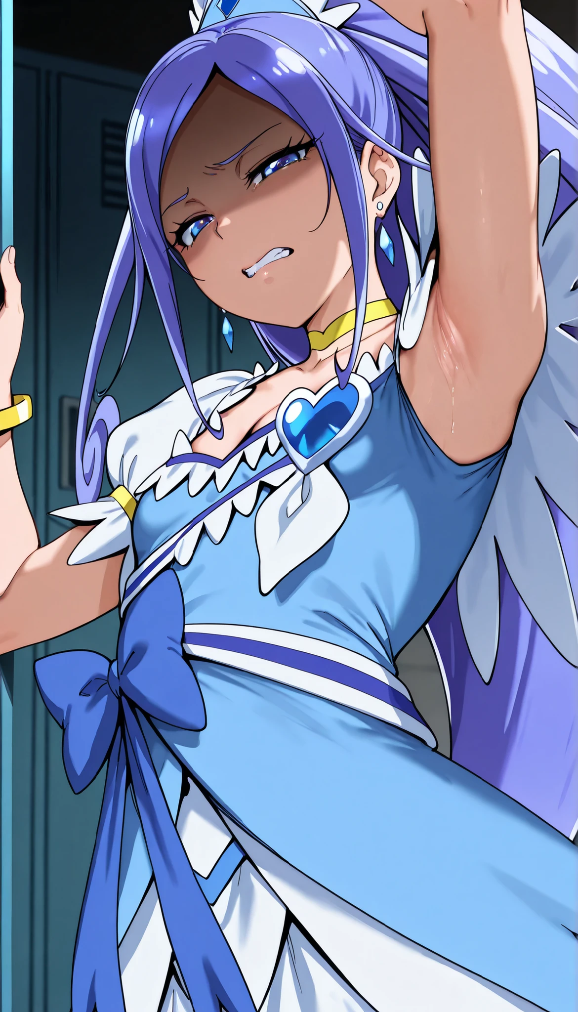 3D, cure diamond,
capelet, gem, blue dress, yellow bracelet, blur ribbon, earrings, cleavage, navel,
Alp,
shaded face, ,(disgistied face:1.2), (narrowed eyes:1.4),\(troubled eyeblows:1.8\), disdaining , (clenched teeth), look down at viewer, masterpiece,absurderes, beautiful detailed face,,looking at viewer, glare at viewer,
from side,show armpit from short sleeves,face closeup,
indoor, locker room