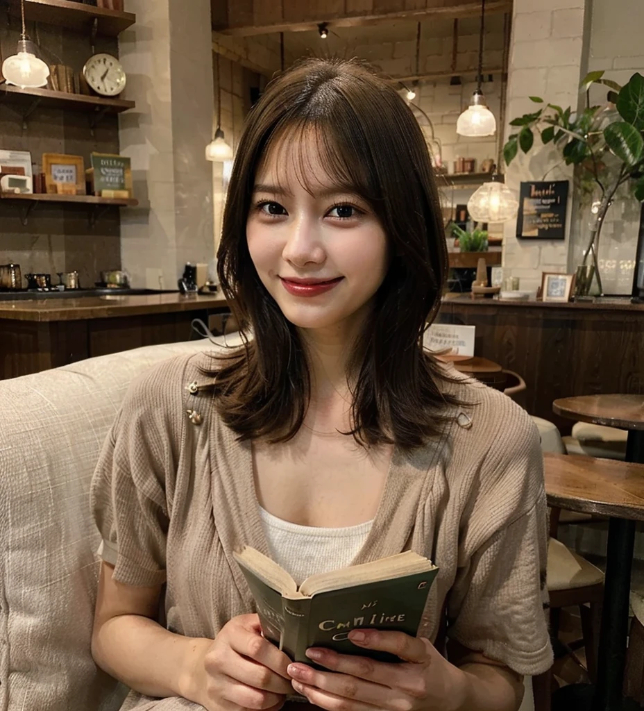 frame in, from right in front of face and body, full body, High quality, very high res, High quality, cute girl, (straight hair:1.2), black hair, forehead, medium hair, parted bangs, looking at viewer, bra, White fluffy skirt, smile, (have a big manuscript in hand:1.2), standing