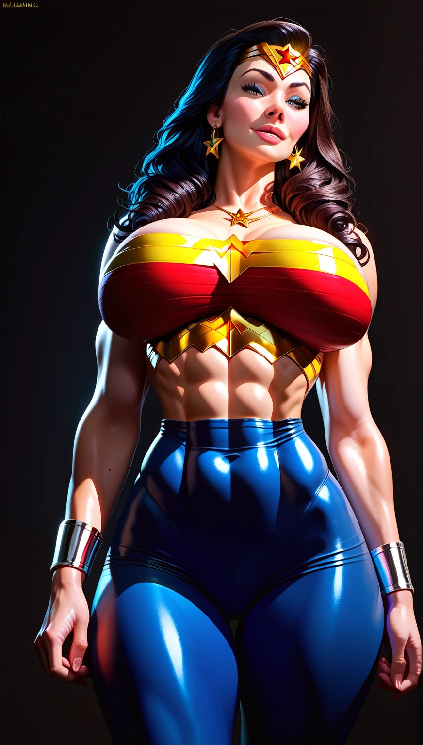 Busty cute girl, enormous breasts volume, (muscle strong arms and abs and legs), tight superheroine costume and cape