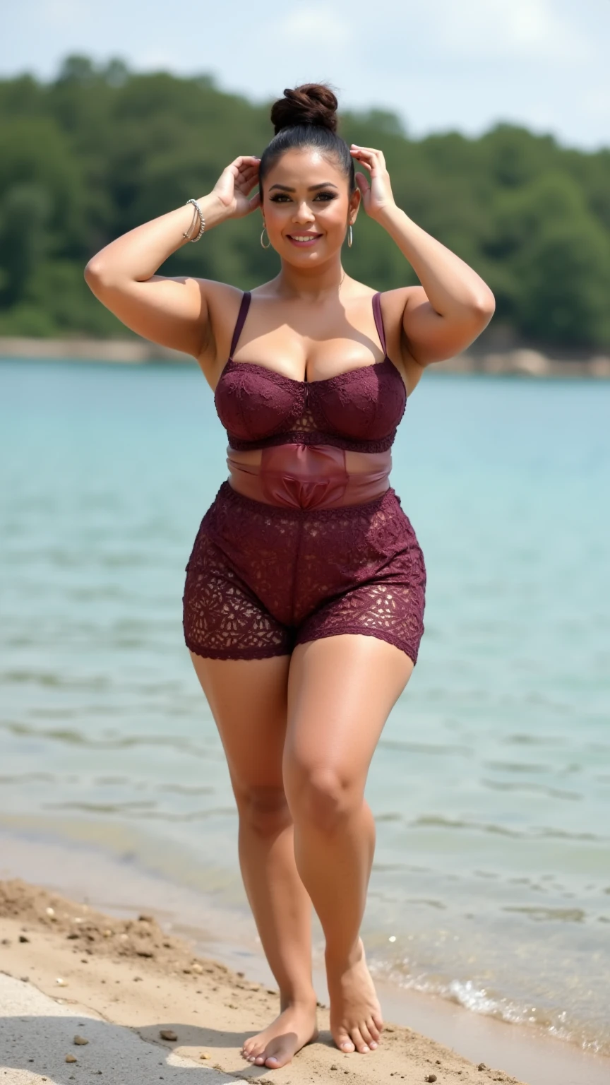 Full body photo of SEXY 50YO MATURE MILF AISHWARYA RAI as LINGERIE MODEL, (((removing clothes))), ((black transparent net lingerie)), ((high boots)), (((seductive posing in beach))), sunny day scene, mature hourglass figure, cleavage show, look straight at camera, ((bob cut hair)), sexy 50 yo mature MILF, soft volumetric lights, intricate details, (ArtStation:1.2)